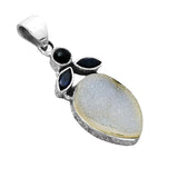 Snow Druzy Iolite & Onyx Solid 925 Sterling Silver Pendant