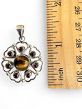Flower Tiger Eye & Garnet Solid 925 Sterling Silver Pendant