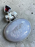 Angel Aura Druzy & Garnet Solid 925 Sterling Silver Pendant