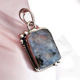 Rough Rainbow Moonstone with Tourmaline Solid 925 Sterling Silver Pendant
