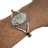Howlite & Black Onyx Solid 925 Sterling Silver Cuff Bracelet