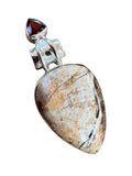 Petrified Wood & Garnet Solid 925 Sterling Silver Pendant