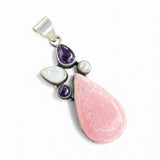 Pink Opal Amethyst Moonstone & Pearl Solid 925 Sterling Silver Pendant