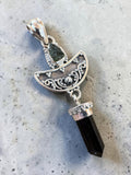 Moldavite & Black Tourmaline Solid 925 Sterling Silver Pendant