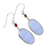 Blue Lace Agate & Garnet Solid 925 Sterling Silver Earrings