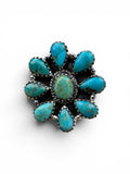 Flower Kingman Turquoise Solid 925 Sterling Silver Ring ADJ