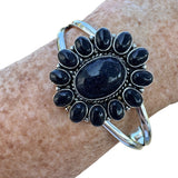 Blue Sandstone Flower Solid 925 Sterling Silver Cuff Bracelet