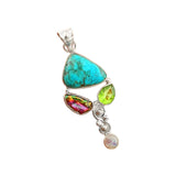 Turquoise, Biwa Pearl, Peridot Solid 925 Sterling Silver Pendant