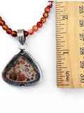 Leopardite Jasper Solid 925 Sterling Silver pendant with Carnelian beaded necklace