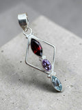 Garnet, Amethyst & Blue Topaz Solid 925 Sterling Silver Pendant