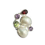 Baroque Pearl, Garnet, Amethyst & Peridot Solid 925 Sterling Silver Ring 7.5