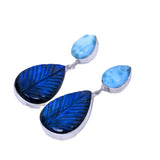 Hand-Carved Labradorite & Larimar Solid 925 Sterling Silver Earrings