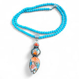 Kingman Turquoise & Spiny Oyster Solid 925 Sterling Silver Pendant Necklace