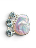 Pearl & Blue Topaz Solid 925 Sterling Silver Statement Ring Size 8.5