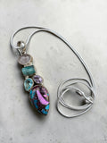 Kingman Oink Dahlia, Rose Quartz, Apatite, Amethyst & Blue Topaz Solid 925 Sterling Silver Pendant on 20 inch Chain Necklace