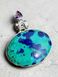 Blue Bird Azurite & Amethyst Solid 925 Sterling Silver Pendant
