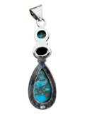 Kingman Blue Copper Turquoise & Black Onyx Solid 925 Sterling Silver Pendant