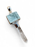 Rough Aquamarine & Quartz point Solid 925 Sterling Silver Pendant