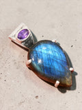 Blue Labradorite & Amethyst Solid 925 Sterling Silver Pendant
