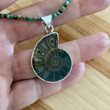 Ammonite Solid 925 Sterling Silver Pendant African Turquoise Beaded Necklace
