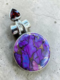 Purple Mojave Turquoise & Garnet Solid 925 Sterling Silver  Pendant