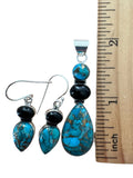Kingman Blue Copper Turquoise & Onyx Solid 925 Sterling Silver Pendant Earrings set