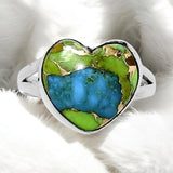 HEART Green & Blue Turquoise Solid 925 Sterling Silver Ring 8