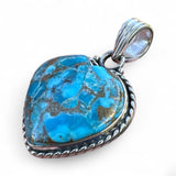 HEART Kingman Blue Copper Turquoise Solid 925 Sterling Silver Pendant