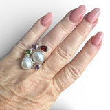Baroque Pearl, Garnet, Amethyst & Peridot Solid 925 Sterling Silver Ring 7.5