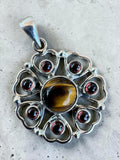 Flower Tiger Eye & Garnet Solid 925 Sterling Silver Pendant