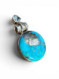 Kingman Turquoise with Pyrite & Blue Topaz Solid 925 Sterling Silver Pendant