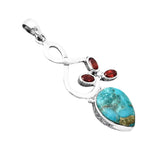 Kingman Turquoise w Pyrite & Garnet Solid 925 Sterling Silver Pendant