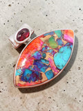 Kingman Pink Dahlia Turquoise & Garnet Solid 925 Sterling Silver Pendant