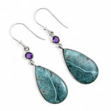 Chrysocolla & Amethyst Solid 925 Sterling Silver Earrings