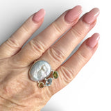 Baroque Pearl, Blue Topaz, Citrine & Peridot Solid 925 Sterling Silver Ring 9.5