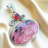 Rhodonite & Garnet Solid 925 Sterling Silver Pendant