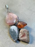 Pink Opal, Amber, Rhodochrosite & White Buffalo Silver Overlay Pendant