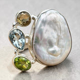 Freshwater Pearl Multi Gemstone Solid 925 Sterling Silver Ring 9.5