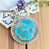Kingman Blue Copper Turquoise Solid 925 Sterling Silver Pendant