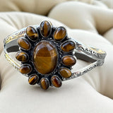 Tiger Eye Flower Solid 925 Sterling Silver Cuff Bracelet