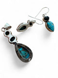 Kingman Blue Copper Turquoise & Onyx Solid 925 Sterling Silver Pendant Earrings set