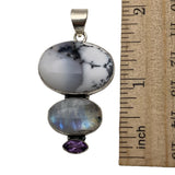 Dendritic Opal Moonstone & Amethyst Solid 925 Sterling Silver Pendant