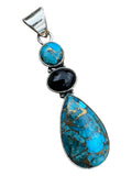 Kingman Blue Copper Turquoise & Black Onyx Solid 925 Sterling Silver Pendant