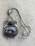 Botswana Agate & Amethyst Solid 925 Sterling Silver Pendant on 20 inch chain necklace