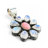 FLOWER Rainbow Moonstone & Pink Opal Solid 925 Sterling Silver Pendant