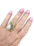 Pearl & Peridot Solid 925 Sterling Silver Statement Ring Size 8