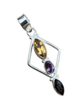 Citrine, Amethyst & Smoky Quartz Solid 925 Sterling Silver Pendant