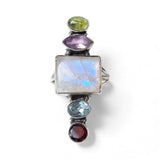 Rainbow Moonstone Peridot Amethyst Blue Topaz & Garnet Solid 925 Sterling Silver Ring 7.5