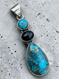 Kingman Blue Copper Turquoise & Black Onyx Solid 925 Sterling Silver Pendant