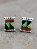 Native American Zuni Inlay Solid 925 Sterling Silver Earrings